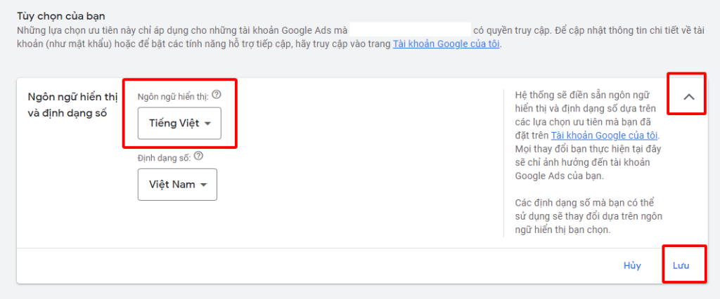 đổi ngôn ngữ google ads