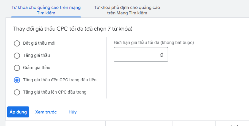Thay đổi giá thầu CPC tối đa trong chiến lược giá thầu CPC thủ công